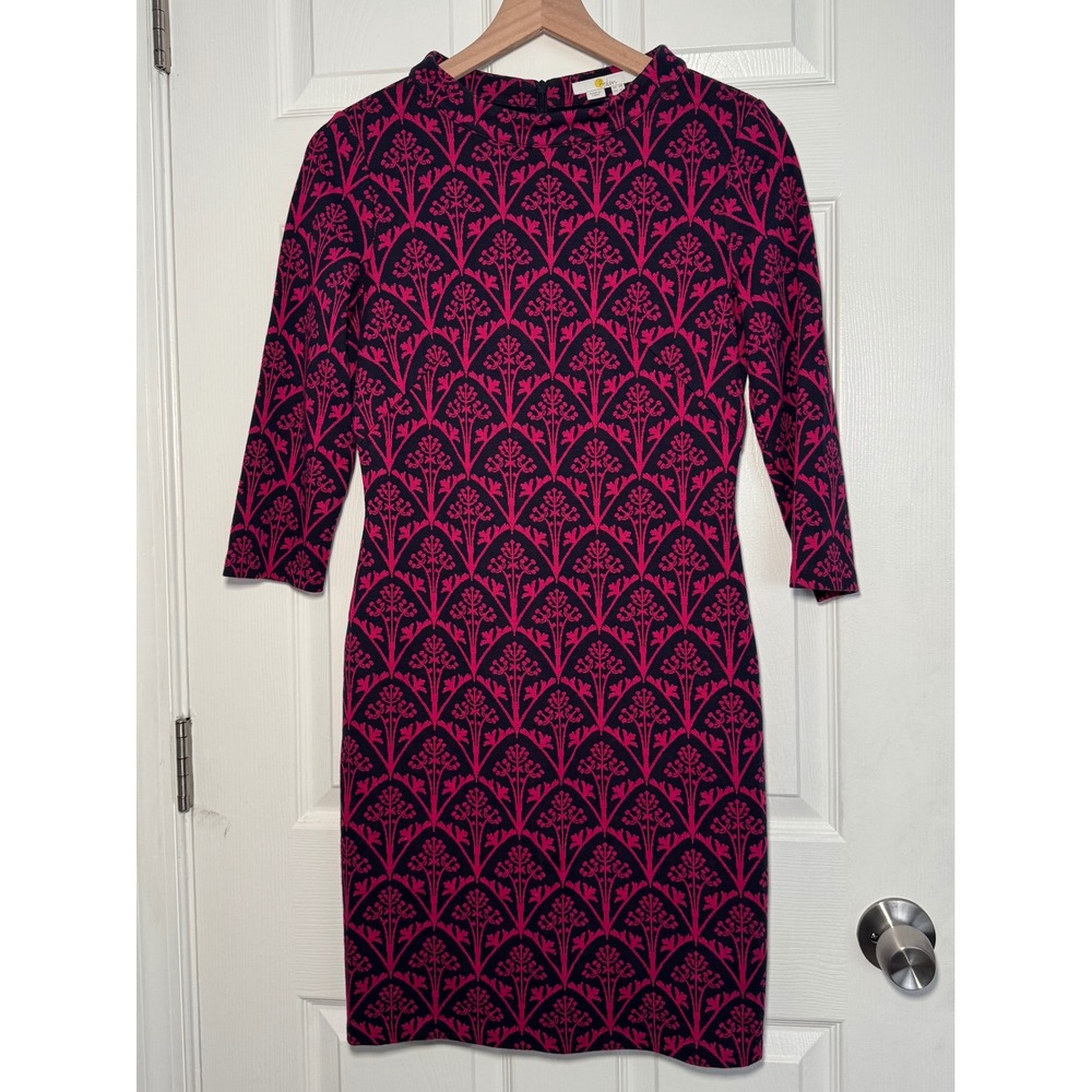 Boden Dress Victoria Jacquard Floral Navy Pink Mockneck 8R Modest Teacher Preppy